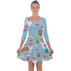 Welsh Corgi Boba Tea Bubble Cute Kawaii Dog Breed Quarter Sleeve Skater Dress by Wav3s