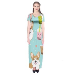 Welsh Corgi Boba Tea Bubble Cute Kawaii Dog Breed Short Sleeve Maxi Dress by Wav3s