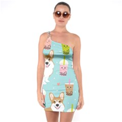 Welsh Corgi Boba Tea Bubble Cute Kawaii Dog Breed One Shoulder Ring Trim Bodycon Dress by Wav3s