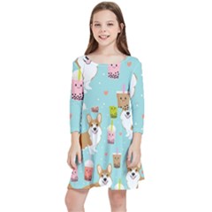 Welsh Corgi Boba Tea Bubble Cute Kawaii Dog Breed Kids  Quarter Sleeve Skater Dress by Wav3s