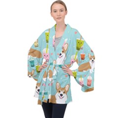 Welsh Corgi Boba Tea Bubble Cute Kawaii Dog Breed Long Sleeve Velvet Kimono  by Wav3s