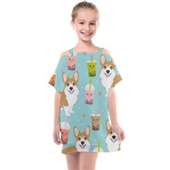 Welsh Corgi Boba Tea Bubble Cute Kawaii Dog Breed Kids  One Piece Chiffon Dress by Wav3s