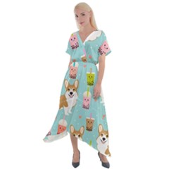 Welsh Corgi Boba Tea Bubble Cute Kawaii Dog Breed Cross Front Sharkbite Hem Maxi Dress by Wav3s