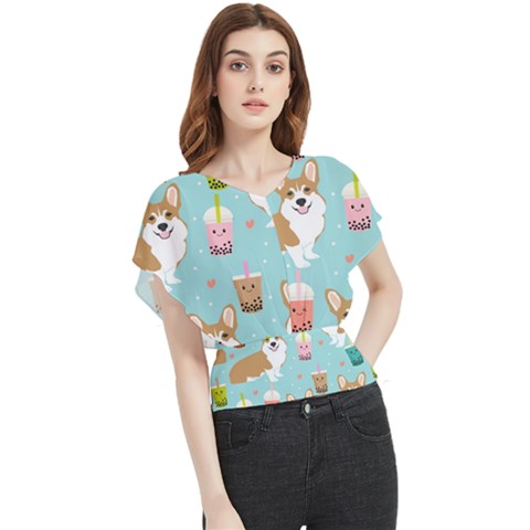 Welsh Corgi Boba Tea Bubble Cute Kawaii Dog Breed Butterfly Chiffon Blouse by Wav3s