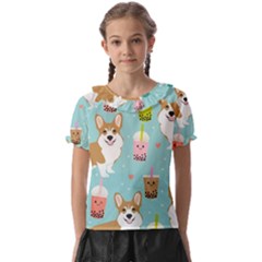 Welsh Corgi Boba Tea Bubble Cute Kawaii Dog Breed Kids  Frill Chiffon Blouse by Wav3s