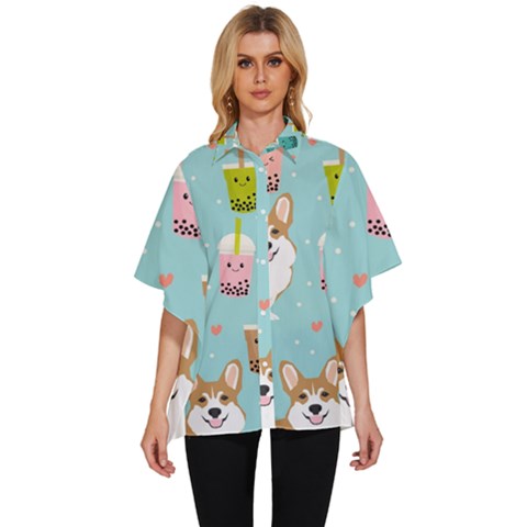 Welsh Corgi Boba Tea Bubble Cute Kawaii Dog Breed Women s Batwing Button Up Shirt by Wav3s