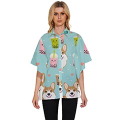 Welsh Corgi Boba Tea Bubble Cute Kawaii Dog Breed Women s Batwing Button Up Shirt