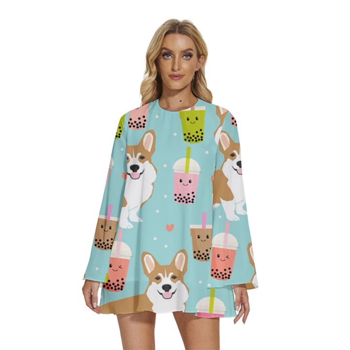 Welsh Corgi Boba Tea Bubble Cute Kawaii Dog Breed Round Neck Long Sleeve Bohemian Style Chiffon Mini Dress