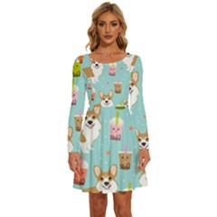 Welsh Corgi Boba Tea Bubble Cute Kawaii Dog Breed Long Sleeve Wide Neck Velvet Dress by Wav3s