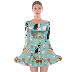 Chihuahua Bubble Kawaii Boba Tea Cute Dog Long Sleeve Skater Dress by Wav3s