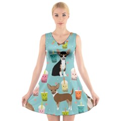 Chihuahua Bubble Kawaii Boba Tea Cute Dog V-neck Sleeveless Dress by Wav3s