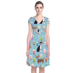 Chihuahua Bubble Kawaii Boba Tea Cute Dog Short Sleeve Front Wrap Dress by Wav3s