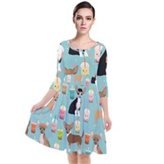 Chihuahua Bubble Kawaii Boba Tea Cute Dog Quarter Sleeve Waist Band Dress by Wav3s