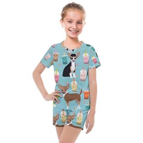 Chihuahua Bubble Kawaii Boba Tea Cute Dog Kids  Mesh Tee And Shorts Set by Wav3s