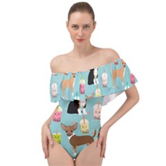 Chihuahua Bubble Kawaii Boba Tea Cute Dog Off Shoulder Velour Bodysuit 