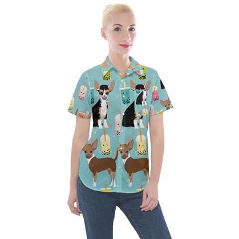 Chihuahua Bubble Kawaii Boba Tea Cute Dog Women s Short Sleeve Pocket Shirt by Wav3s