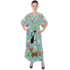 Chihuahua Bubble Kawaii Boba Tea Cute Dog V-neck Boho Style Maxi Dress by Wav3s