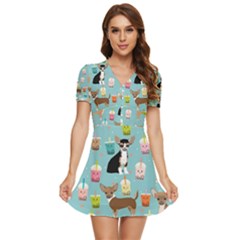 Chihuahua Bubble Kawaii Boba Tea Cute Dog V-neck High Waist Chiffon Mini Dress by Wav3s