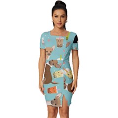 Chihuahua Bubble Kawaii Boba Tea Cute Dog Fitted Knot Split End Bodycon Dress by Wav3s