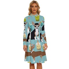 Chihuahua Bubble Kawaii Boba Tea Cute Dog Long Sleeve Shirt Collar A-line Dress by Wav3s