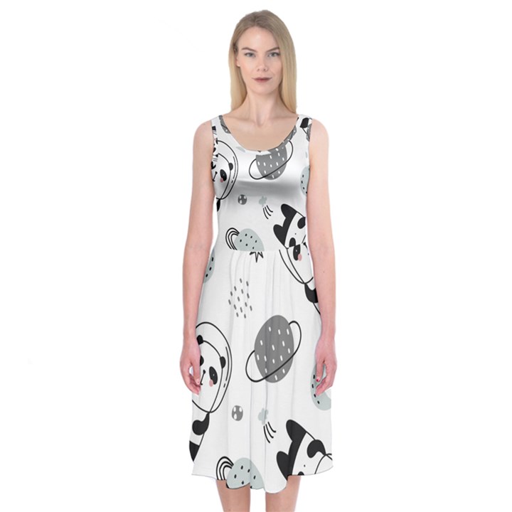 Panda Floating In Space And Star Midi Sleeveless Dress