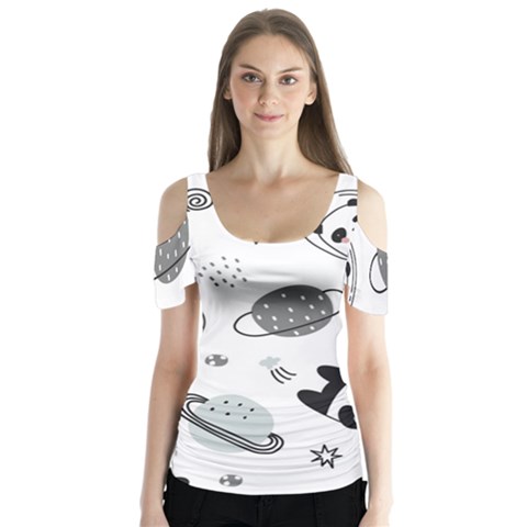 Panda Floating In Space And Star Butterfly Sleeve Cutout Tee  by Wav3s