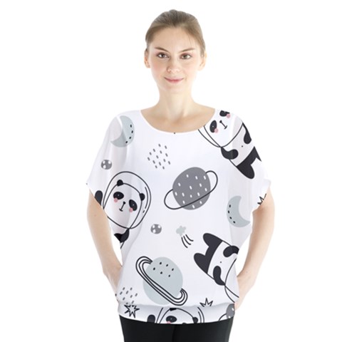 Panda Floating In Space And Star Batwing Chiffon Blouse by Wav3s