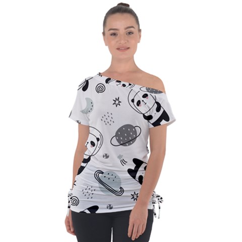 Panda Floating In Space And Star Off Shoulder Tie-up Tee by Wav3s