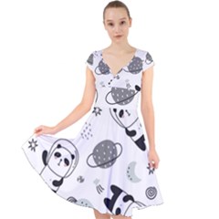 Panda Floating In Space And Star Cap Sleeve Front Wrap Midi Dress by Wav3s