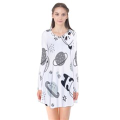 Panda Floating In Space And Star Long Sleeve V-neck Flare Dress by Wav3s