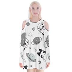 Panda Floating In Space And Star Velvet Long Sleeve Shoulder Cutout Dress by Wav3s