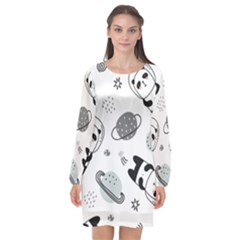 Panda Floating In Space And Star Long Sleeve Chiffon Shift Dress  by Wav3s