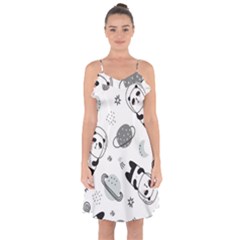 Panda Floating In Space And Star Ruffle Detail Chiffon Dress by Wav3s