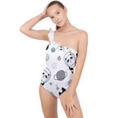 Panda Floating In Space And Star Frilly One Shoulder Swimsuit by Wav3s