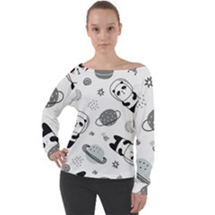 Panda Floating In Space And Star Off Shoulder Long Sleeve Velour Top by Wav3s