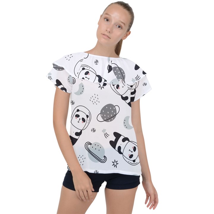 Panda Floating In Space And Star Ruffle Collar Chiffon Blouse