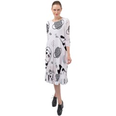 Panda Floating In Space And Star Ruffle End Midi Chiffon Dress by Wav3s