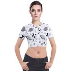 Panda Floating In Space And Star Short Sleeve Cropped Jacket by Wav3s