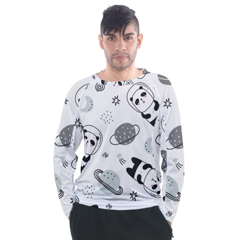 Panda Floating In Space And Star Men s Long Sleeve Raglan Tee by Wav3s