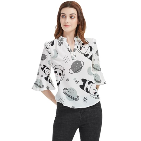 Panda Floating In Space And Star Loose Horn Sleeve Chiffon Blouse by Wav3s