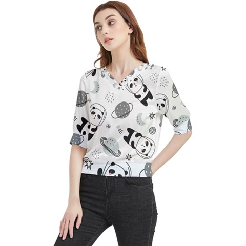 Panda Floating In Space And Star Quarter Sleeve Blouse by Wav3s