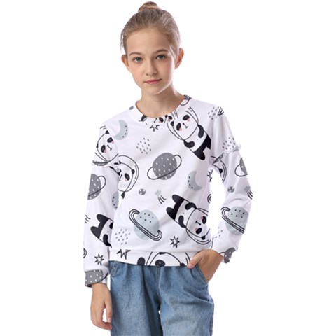 Panda Floating In Space And Star Kids  Long Sleeve Tee With Frill  by Wav3s