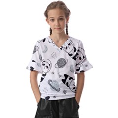 Panda Floating In Space And Star Kids  V-neck Horn Sleeve Blouse by Wav3s