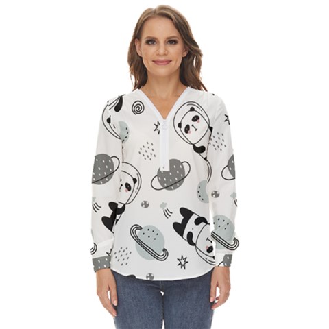 Panda Floating In Space And Star Zip Up Long Sleeve Blouse by Wav3s