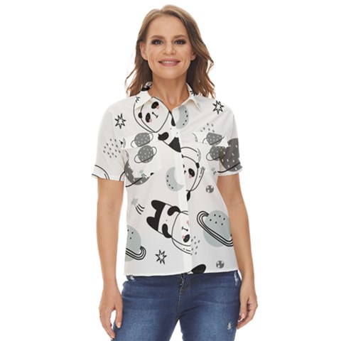 Panda Floating In Space And Star Women s Short Sleeve Double Pocket Shirt by Wav3s