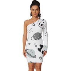 Panda Floating In Space And Star Long Sleeve One Shoulder Mini Dress by Wav3s