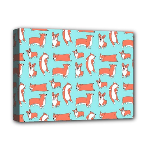 Corgis On Teal Deluxe Canvas 16  X 12  (stretched)  by Wav3s