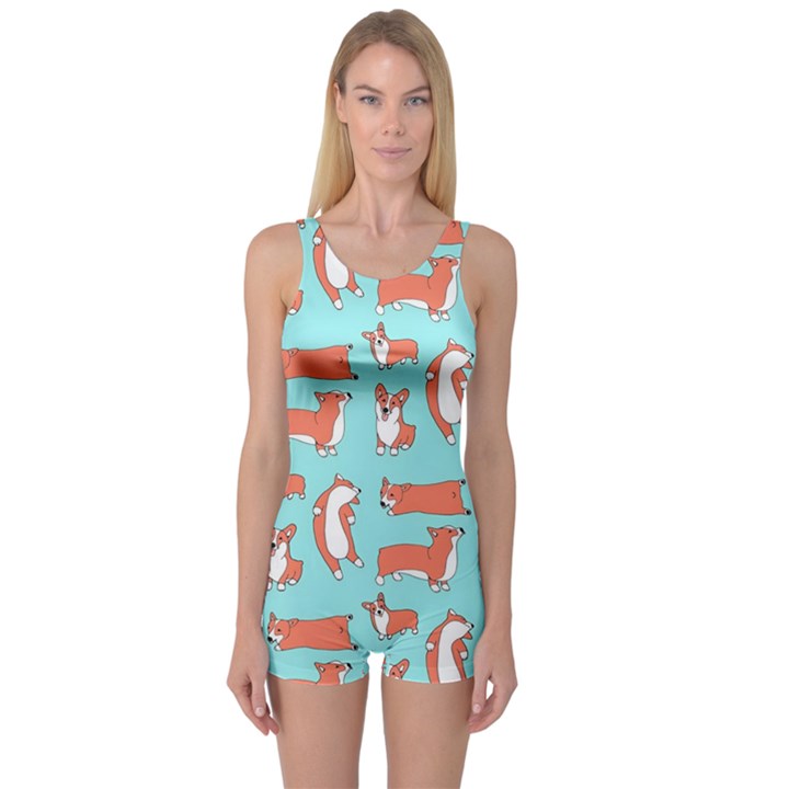 Corgis On Teal One Piece Boyleg Swimsuit