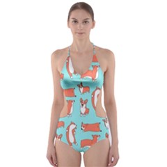 Corgis On Teal Cut-out One Piece Swimsuit by Wav3s