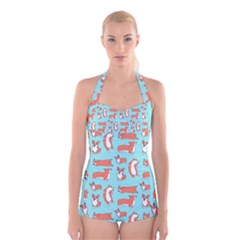 Corgis On Teal Boyleg Halter Swimsuit  by Wav3s